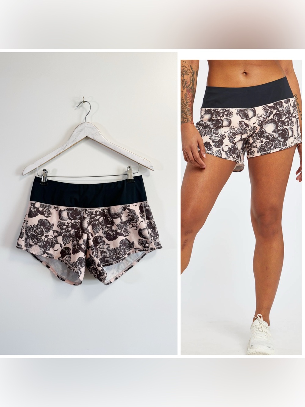OISELLE Roga 4” Running Shorts Rose Botanical Print Black Pink Size 4